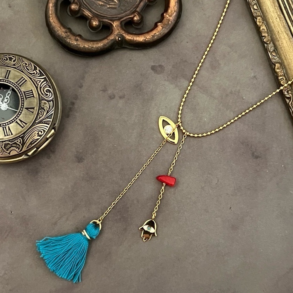 DOLCE VETRA • Evil Eye Turquoise Tassel Fringe Necklace